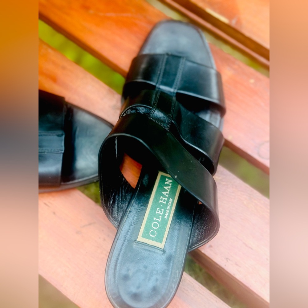 Cole Hann Women’s Genuine Black Leather Sandal With Small Wedge Heel